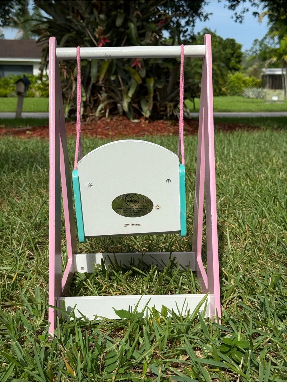 Kidkraft Wooden Doll Swing Seat in Pink, White & Teal with Purple Accent GUC